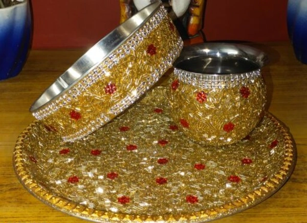 NEELMAYA Stainless Steel Decorative karwa chauth thali set pack of 1 - Free Size, Golden, Stainless Steel, Karwachuth, Set of 3